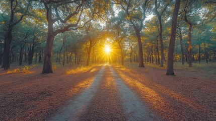 Obraz premium Magical sunlight streaming through the trees on a tranquil forest path at dawn