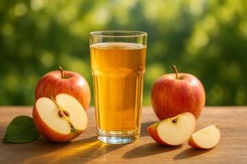 Fresh Apple Juice Served With Ripe Apples on a Wooden Table in Sunny Orchard Surroundings