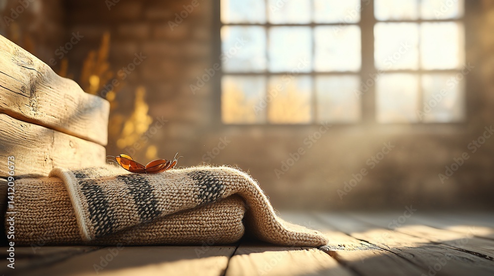 Poster warm autumnal interior scene with wooden textures and knitted textiles. sunlight streams through a l