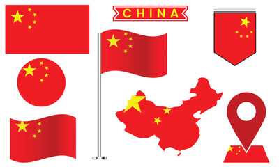 China Flag Icon Set, Vector Map, Badge, Pin & Waving Flag Collection