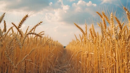 Fototapeta premium A field of golden wheat with a cloudy sky in the background. The wheat is tall and golden, and the sky is overcast