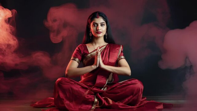 Woman in a maroon sari in prayerful pose.