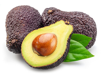 Hass avocado fruits and halved avocado with leaves isolated on white background. File contains...