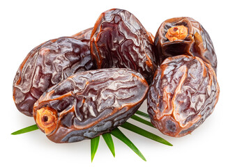 Semi-dried dates or date palm fruits lie on palm leaves isolated on white background. File contains...