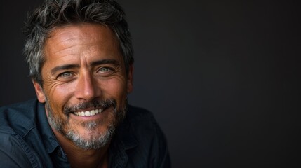 Obraz premium Charming man with a hearty smile in a dark setting exudes warmth and confidence