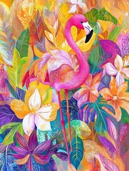A pink flamingo standing on its legs, surrounded by exotic flowers and leaves 