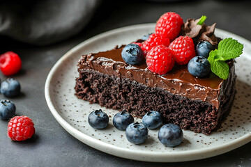 Decadent chocolate cake with berries