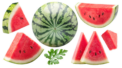 Set of watermelon and watermelon slices isolated on white background. Clipping paths.