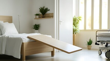 Fototapeta premium A wooden transfer board bridges the gap between a hospital bed and a gurney facilitating the safe and comfortable movement of a patient