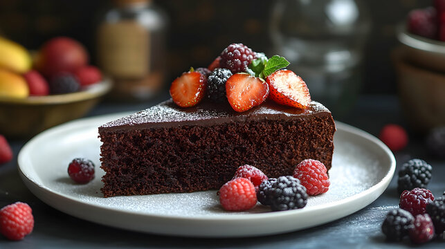 Decadent chocolate cake with berries elegant food photography