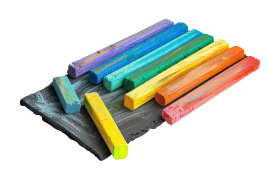 A vibrant collection of pastel chalks arranged artistically on a textured slate surface isolated on transparent background