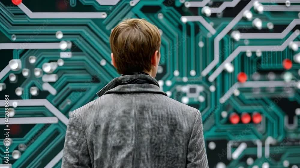 Poster man facing a circuit board: a contemplative man gazes at an intricate circuit board, its complex pat