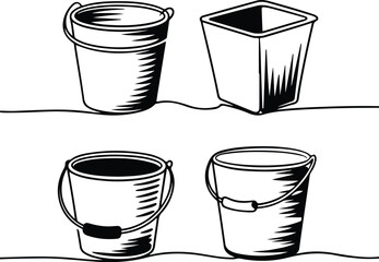 Bucket One Line Drawing | Minimal Silhouette Vector Set Continuous Line Bucket Silhouettes | Simple Cleaning Tool Art