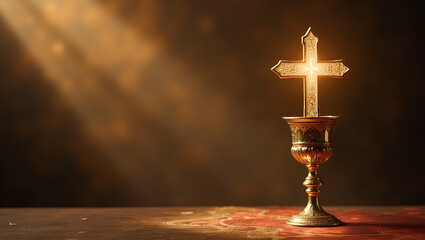 Obraz premium Elegant portrayal of Corpus Christi Holy Eucharist: sacred rites, ceremonial detail, refined symbolism, divine grace, photo stock concept, empty space left side.