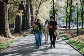 Three young friends stroll through a city park, sipping drinks and enjoying a sunny day. The scene...