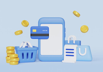 3D graphics of mobile phone, credit card, coin and shopping related icons