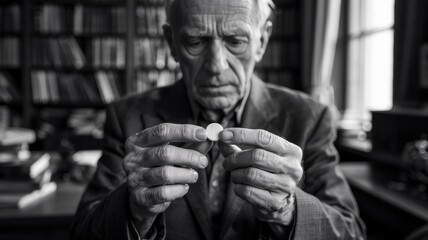 Elderly man examines a small coin in a library surrounded by books during daylight hours