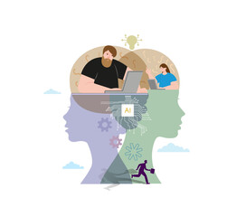 Artificial intelligence in human life.  The concept of personal growth, investing in yourself and your work,
and self-development.  Vector illustration