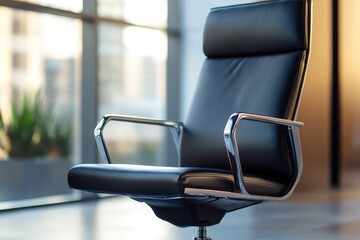 Fototapeta premium Sleek black leather office chair with chrome arms in modern workspace
