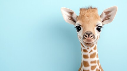 Obraz premium Cute baby giraffe portrait against pastel blue backdrop