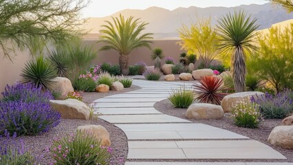 Walkway through a desert garden with rock path, various arid plantings including cacti and succulents.