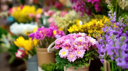 Obraz premium Colorful spring flowers for sale at the flower market on an outdoor street