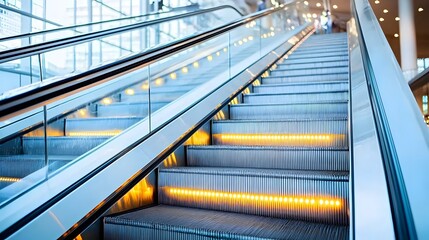 Fototapeta premium An abstract close up view of an escalator with illuminated geometric steps creating a sleek futuristic atmosphere in a modern architectural setting