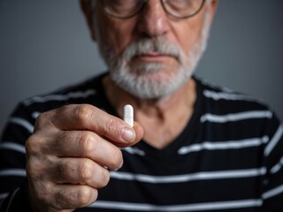 Elderly man holding a white pill with a serious expression in a dimly lit room