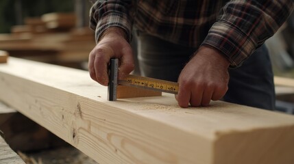 Carpenter measuring and cutting wooden beams for a house frame. Featuring craftsmanship and precision