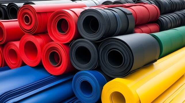 An assortment of rubber sheets dyed in various vibrant colors stacked and stored for specialized industrial and commercial applications