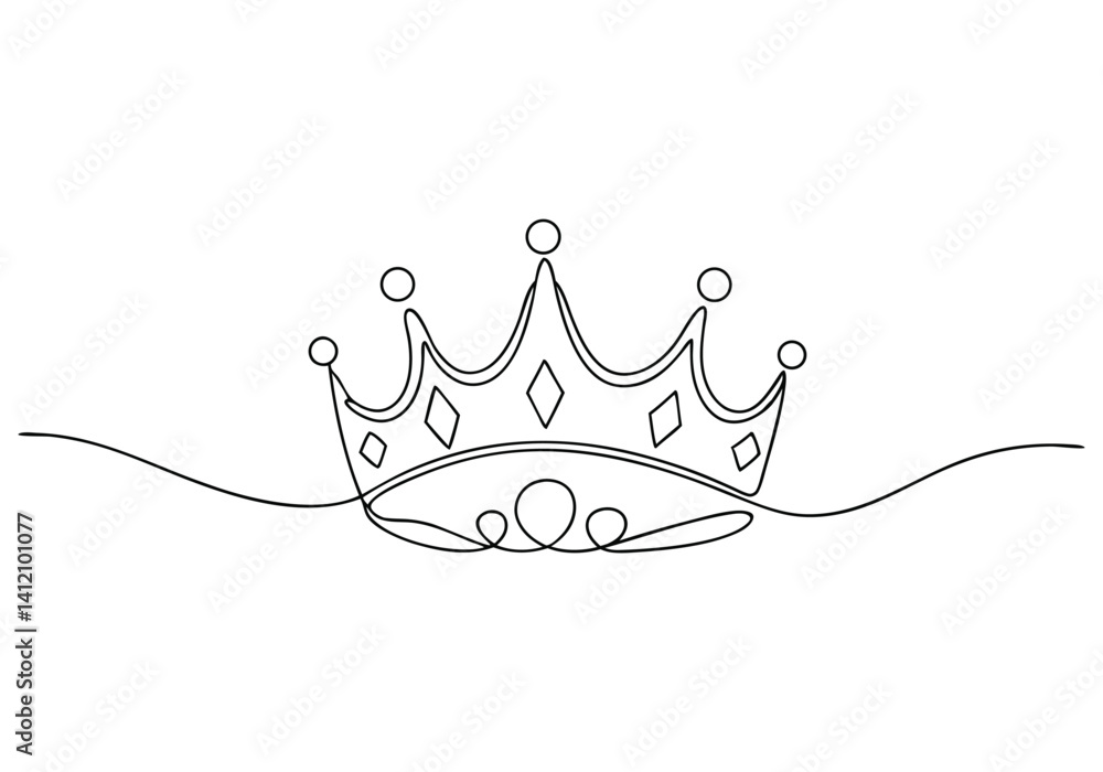 Poster continuous one line drawing of a royal crown with minimalist design and elegant single line contour