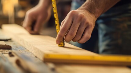 Carpenter measuring and marking wood for precise cutting. Featuring carpentry tools and wood measurement