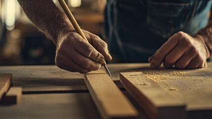 Carpenter measuring and marking wood for precise cutting. Featuring carpentry tools and wood measurement