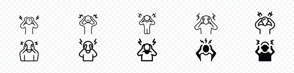 Headache icon, Headache editable stroke outline icon, Angry man icon. Silhouette symbol. Anger and irritation. Frustration, angry man icon set