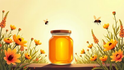 illustration of jar of honey surrounded by colorful flowers and bees, emphasizing its natural origin. Advertisements, educational materials, and nature-themed projects.