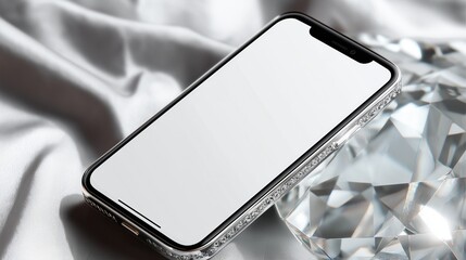 Smartphone mockup on crystal object with grey fabric background 