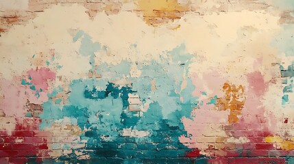 Abstract distressed brick wall featuring splashes of pastel and vivid hues