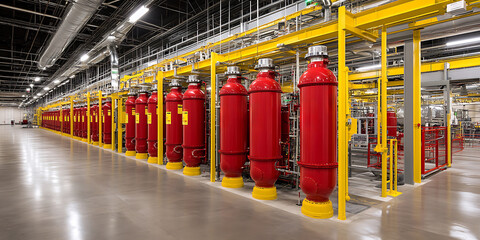 Row of large red cylindrical tanks with yellow support structures in a spacious modern industrial facility.