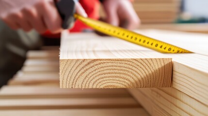 Carpenter measuring wood for precise cuts in a workshop. Featuring precision cutting and woodworking craftsmanship