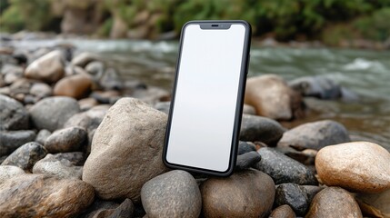 phone mockup with blank screen on stones next to flowing river