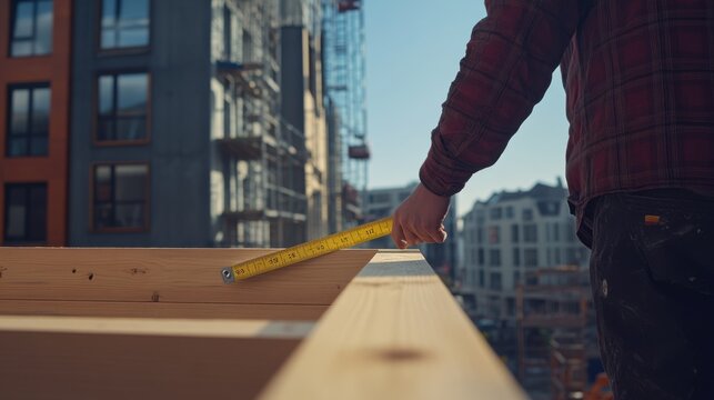 Carpenter measuring wood for precise cuts in a workshop. Featuring precision cutting and woodworking craftsmanship