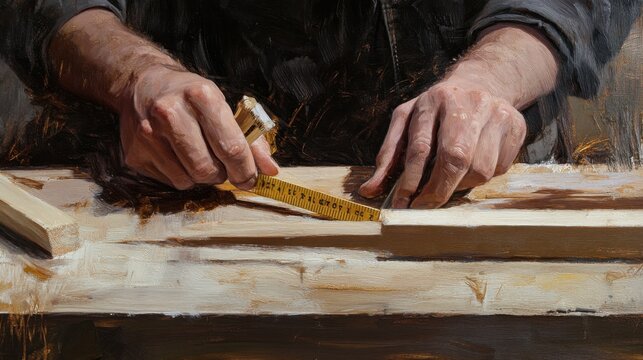 Carpenter measuring wood for precise cuts in a workshop. Featuring precision cutting and woodworking craftsmanship