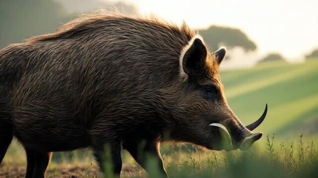 Big male wild boar with tusks in the scenery
