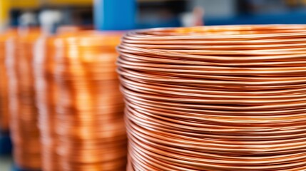 Close up of Shiny Copper Wire Coils in Industrial Setting Manufacturing Metal Texture