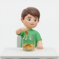 3D Render of a Cute Boy Saving Money in a Jar