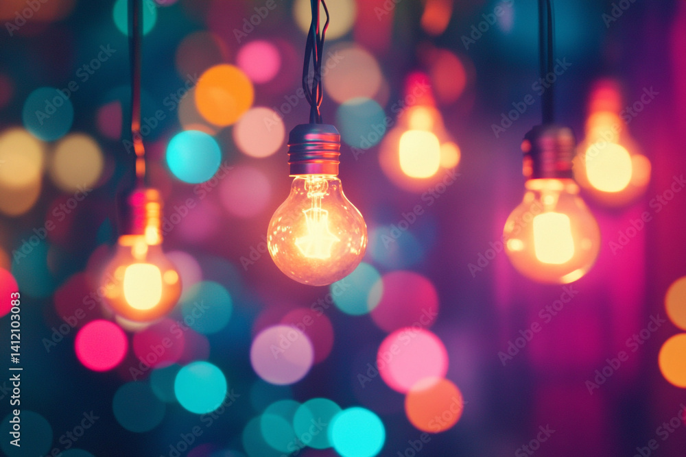 Poster illuminated bulbs hanging against a colorful bokeh background a warm inviting glow