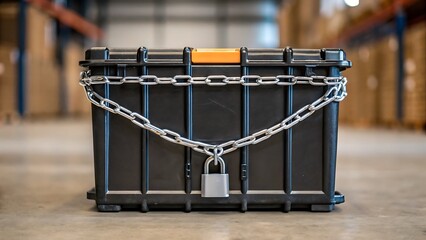 Tariff Wall Industrial Goods Shipment, Secure storage box locked with a chain and padlock in a warehouse setting.