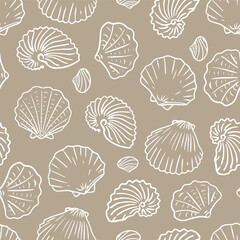 Seamless pattern of hand drawn seashells on beige background. Marine-inspired design. Coastal and beach theme concept for textile, wallpaper, and interior design.