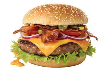 Burger, Ultimate Gourmet Burger PNG, Crispy Bacon & Cheese Burger, Delicious Layered Burger Illustration, Premium Burger PNG.