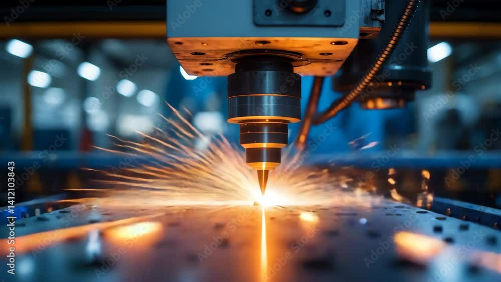 Poster cnc laser backdrop in an industrial setting showcasing light sparks and a factory atmosphere with bo